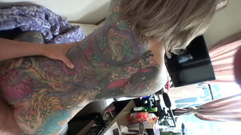 Rin san with a total body art gets into the mood and gives a deep kiss with tongue swap while having bang-out for women.