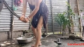 A hot village wifey getting pulverized by her husband's friend outdoors.