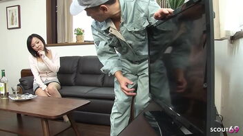 A worker is tempted by a Japanese house wifey with big all-natural bosoms and they both engage in a red-hot and steamy scene that concludes with a creampie.