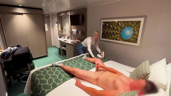 A motel receptionist brings me a sensitive drink and also helps me to ejaculation while I am masturbating.